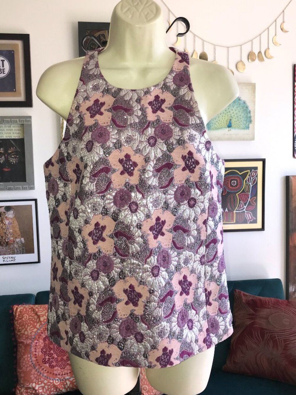 J CREW Collection size 2 Purple Metallic Floral Jacquard Brocade Sleeveless Top